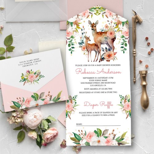 Mommy and Baby Floral Deer Baby Shower All In One Invitation
