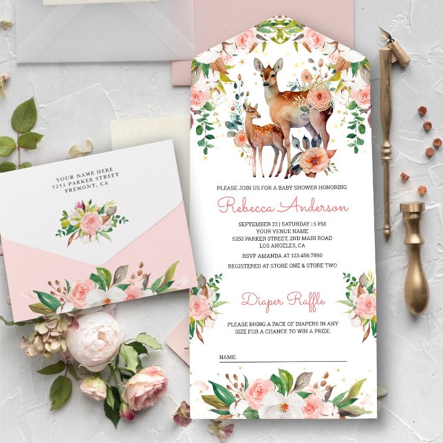 Mommy and Baby Floral Deer Baby Shower All In One Invitation (Creator Uploaded)