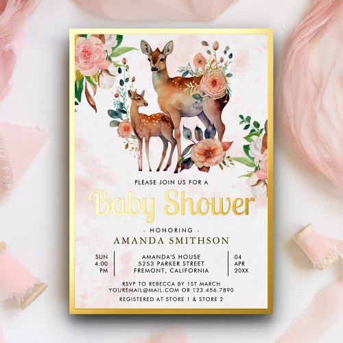 Mommy and Baby Floral Deer Baby Shower Gold Foil Invitation