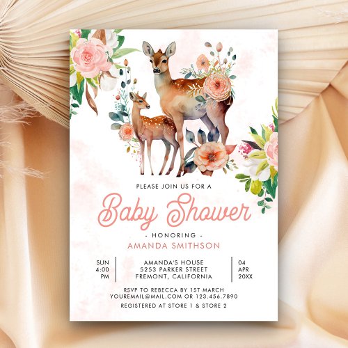 Mommy and Baby Floral Deer Baby Shower Invitation