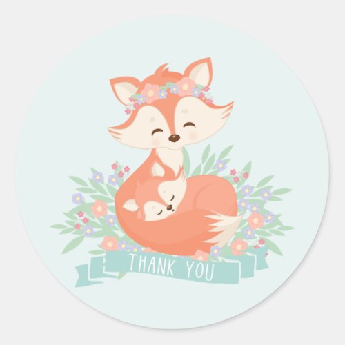Mommy and Baby Fox Blue Boy Baby Shower Thank You Classic Round Sticker