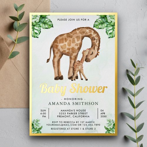 Mommy and Baby Giraffe Safari Baby Shower Gold Foil Invitation