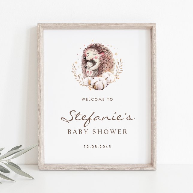 Mommy and Baby Hedgehog Forest Baby Shower Welcome Poster (Woodland theme baby shower welcome sign featuring watercolor mommy and baby hedgehog.)