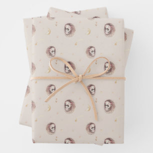 Mommy and Baby Hedgehog Pattern Woodland Wrapping Paper Sheets
