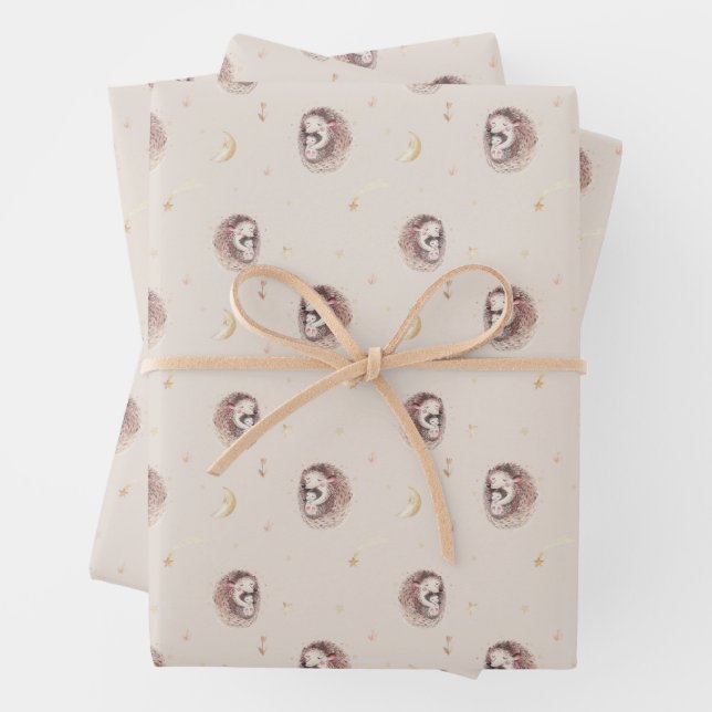 Mommy and Baby Hedgehog Pattern Woodland Wrapping Paper Sheets (In situ)
