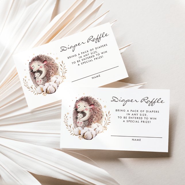 Mommy and Baby Hedgehog Woodland Diaper Raffle Business Card (Woodland theme baby shower diaper raffle card featuring watercolor mommy and baby hedgehog.)