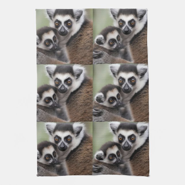 Mommy And Baby Lemur Cuddling, Kitchen Towel (Vertical)