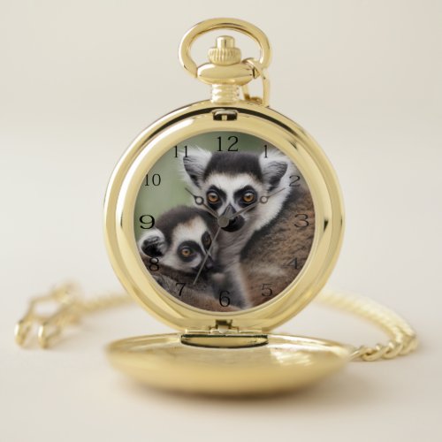 Mommy And Baby Lemur Cuddling Pocket Watch