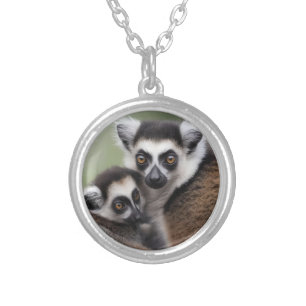Mommy And Baby Lemur Cuddling, Silver Plated Necklace