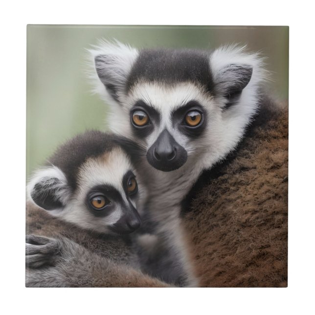 Mommy And Baby Lemur Having A Cuddle, Ceramic Tile (Front)