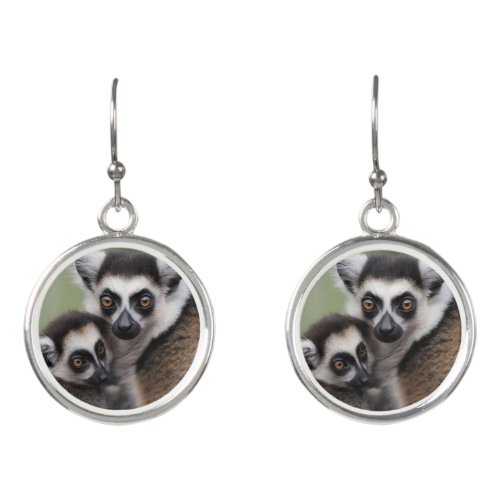 Mommy And Baby Lemur Having A Cuddle Earrings