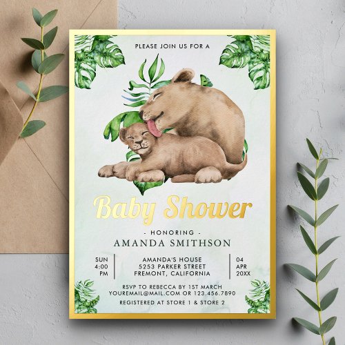 Mommy and Baby Lion Cub Jungle Baby Shower Gold Foil Invitation