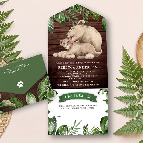 Mommy and Baby Lion Cub Jungle Wood Baby Shower All In One Invitation