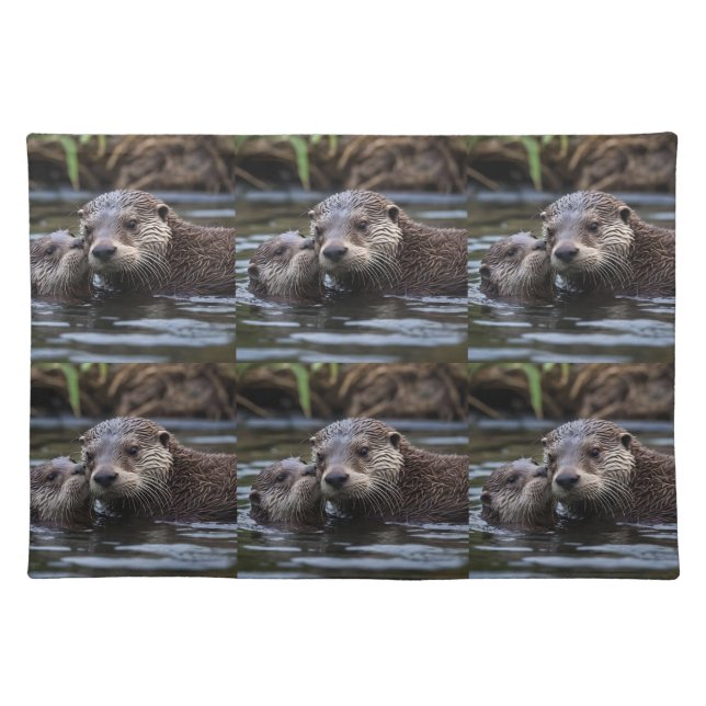 Mommy And Baby Otter Having A Cuddle In The River, Cloth Placemat (Front)