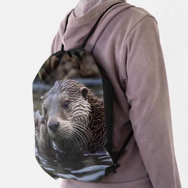 Mommy And Baby Otter Having A Cuddle In The River, Drawstring Bag (Insitu)