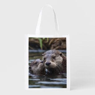 Mommy And Baby Otter Having A Cuddle In The River, Grocery Bag