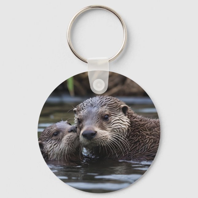 Mommy And Baby Otter Having A Cuddle In The River, Keychain (Front)