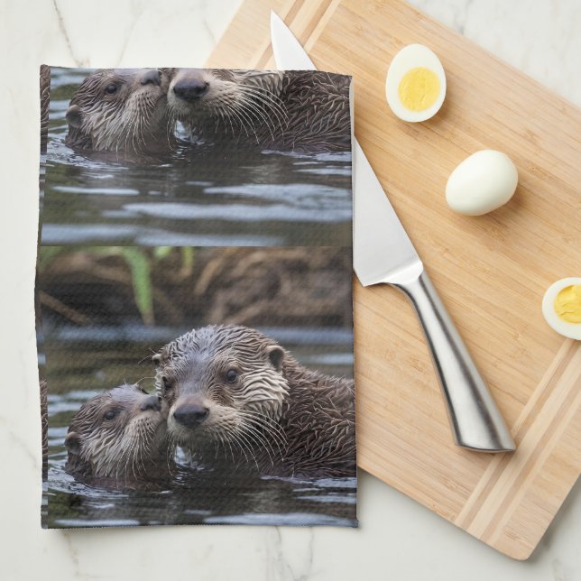 Mommy And Baby Otter Having A Cuddle In The River, Kitchen Towel (Quarter Fold)