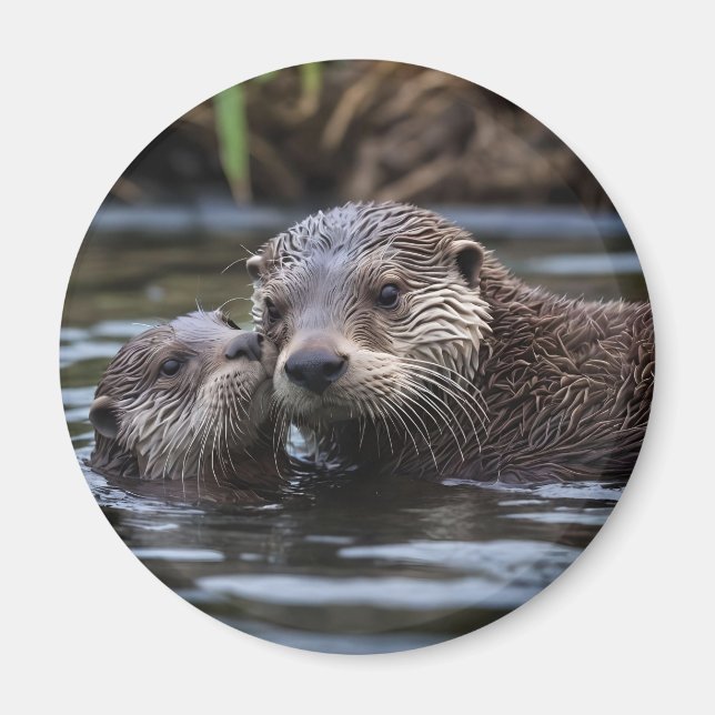 Mommy And Baby Otter Having A Cuddle In The River, Magnet (Front)