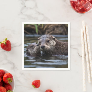 Mommy And Baby Otter Having A Cuddle In The River, Napkins