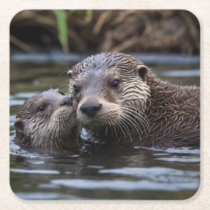 Mommy And Baby Otter Having A Cuddle In The River, Square Paper Coaster