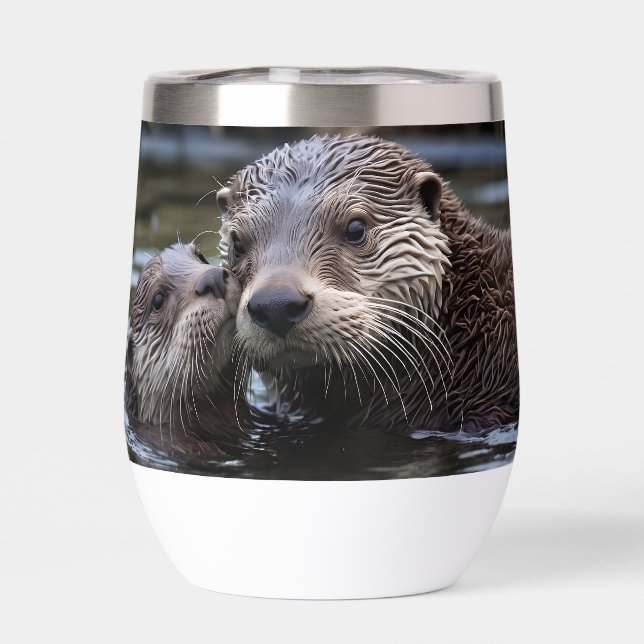 Mommy And Baby Otter Having A Cuddle In The River, Thermal Wine Tumbler (Back)