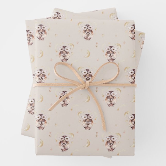 Mommy and Baby Owl Pattern Woodland Baby Shower Wrapping Paper Sheets (In situ)