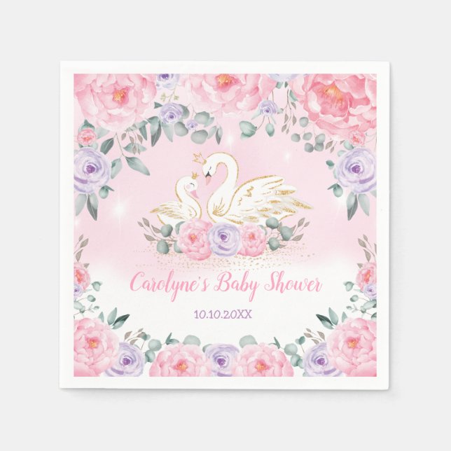 Mommy and Baby Swan Princess | Pink Purple Flowers Napkins (Front)