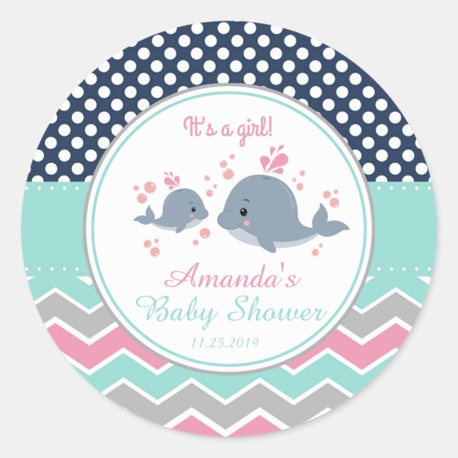 Mommy and Baby Whale Baby Shower Thank You Favor Classic Round Sticker (Front)