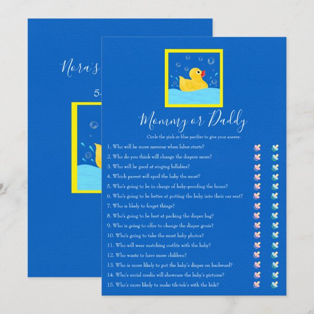  Mommy and Daddy Rubber Ducky Baby Shower Game Invitation (Front/Back)