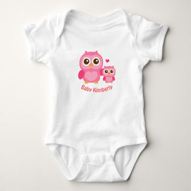 Mommy and Me, Cute Baby Owl, Pink Baby Bodysuit (Front)