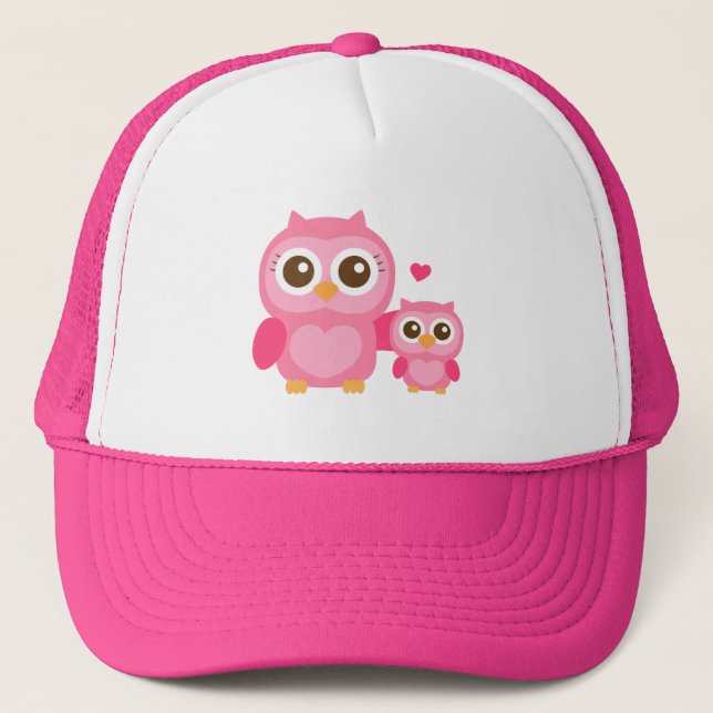 Mommy and Me, Cute Baby Owl, Pink Trucker Hat (Front)