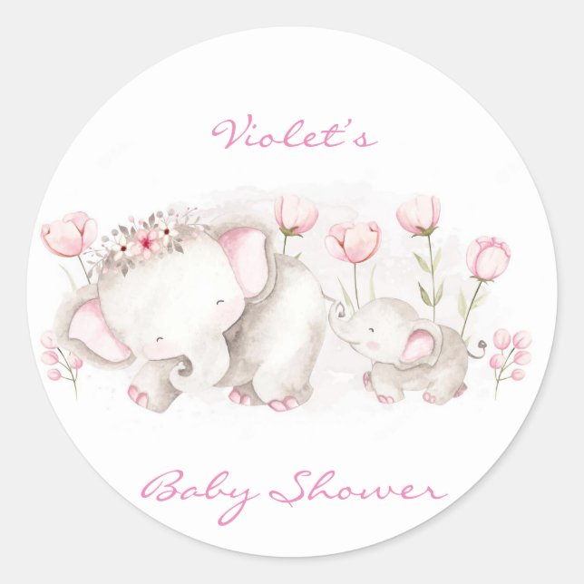 Mommy and Me Elephant Pastel Girl Baby Shower Classic Round Sticker (Front)