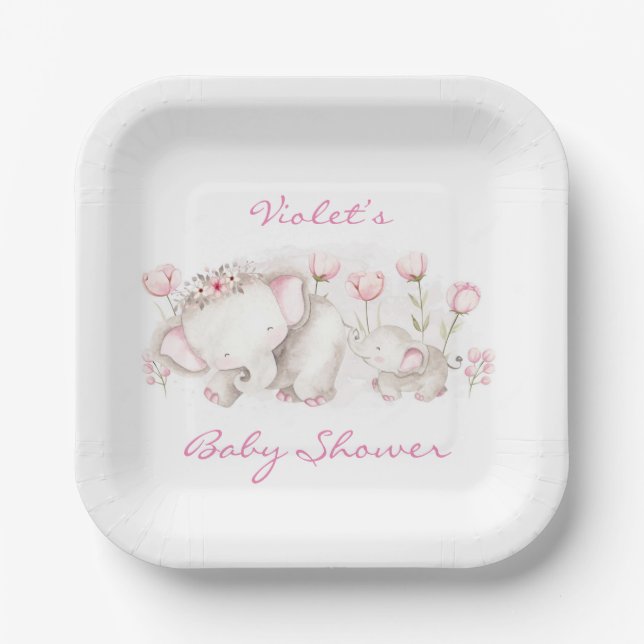 Mommy and Me Elephant Pastel Girl Baby Shower Paper Plates (Front)