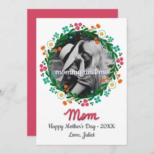Mommy and Me Folk Floral Wreath Photo Mothers Day  Holiday Card
