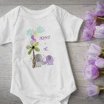Mommy and Me | Lilac Mom and Baby Elephant Baby Bodysuit<br><div class="desc">Cute elephant baby body suit with mom and baby elephant. This watercolor jungle scene has cute elephants bursting with love and a palm tree, summer sky and balloons. Mommy Me is fully editable and lettered in whimsical typography in lilac. Perfect gift for baby shower, new baby, 1st birthday, mother's day...</div>