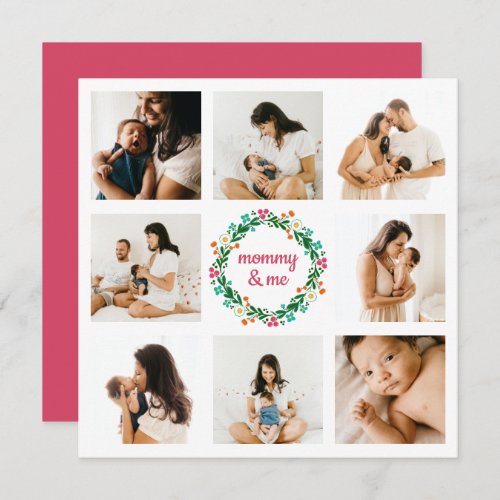 Mommy and Me Photo Bright Colorful Floral Wreath  Holiday Card