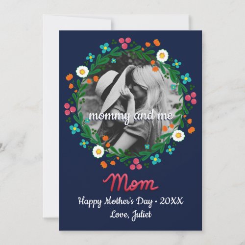 Mommy and Me Photo Folk Floral Wreath Mothers Day Holiday Card