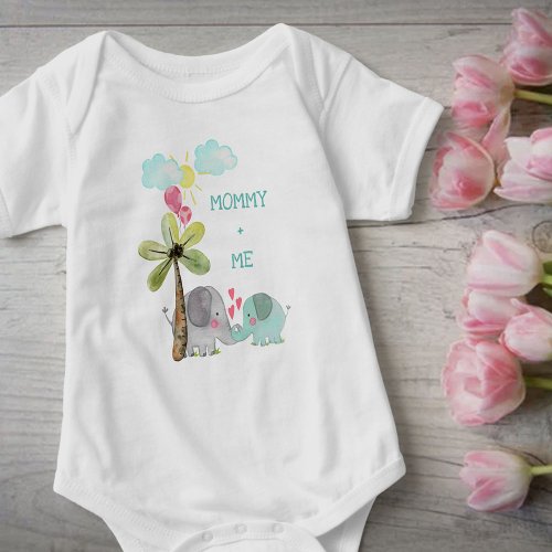 Mommy and Me  Teal Mom and Baby Elephant Baby Bodysuit