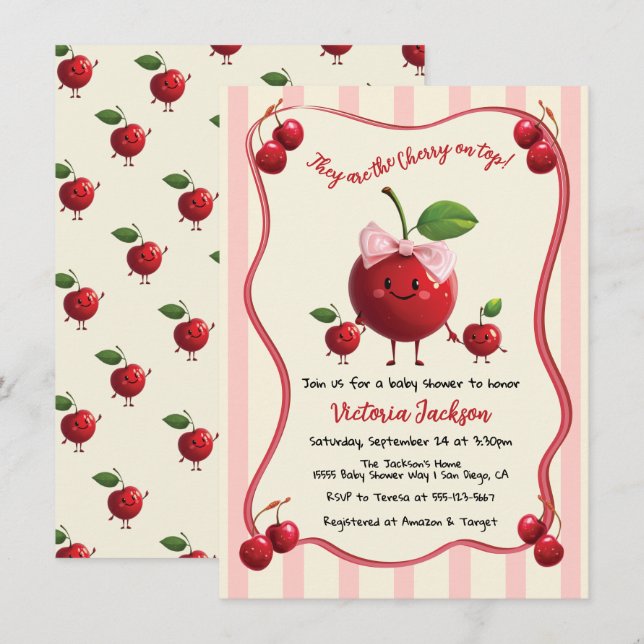 Mommy and twin boys Baby Cherry Baby Shower Invitation (Front/Back)