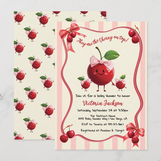 Mommy and twin girls Baby Cherry Baby Shower Invitation (Front/Back)