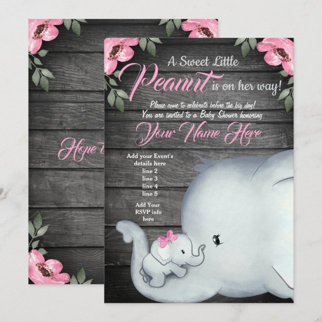 Mommy Baby Elephant Baby Shower Invitation, rustic Invitation (Front/Back)