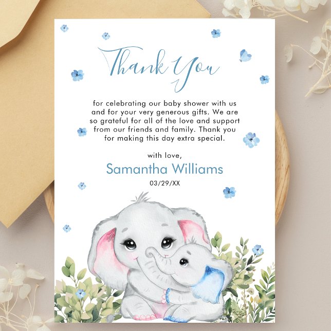 Mommy Baby Elephant Blue Watercor Baby Shower Thank You Card (Creator Uploaded)