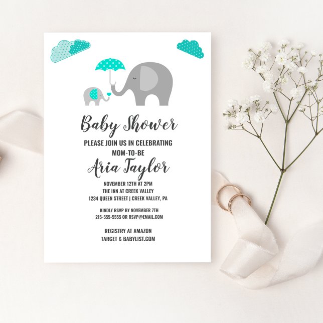 Mommy Baby Elephant with Clouds Baby Shower Invitation (Creator Uploaded)