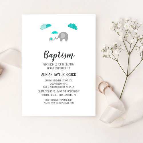Mommy Baby Elephant with Clouds Baptism Invitation
