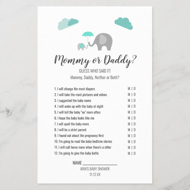 Mommy Baby Elephant with Clouds Mommy/Daddy Game Flyer (Front)