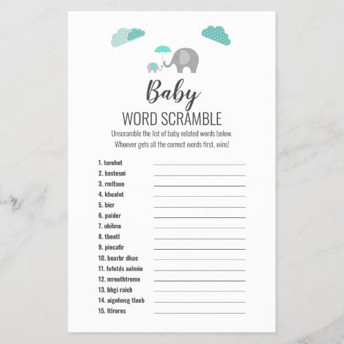 Mommy Baby Elephant with Clouds Word Scramble Game Flyer