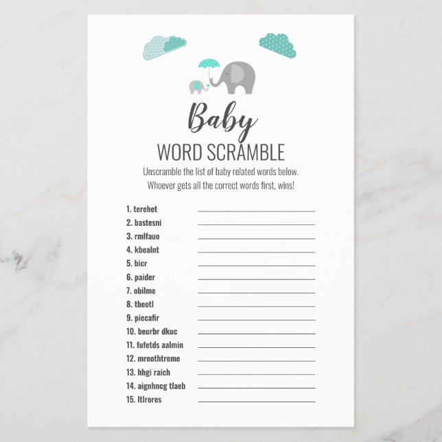Mommy Baby Elephant with Clouds Word Scramble Game Flyer (Front)