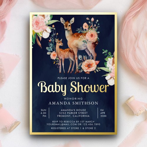 Mommy Baby Floral Deer Navy Blue Baby Shower Gold Foil Invitation