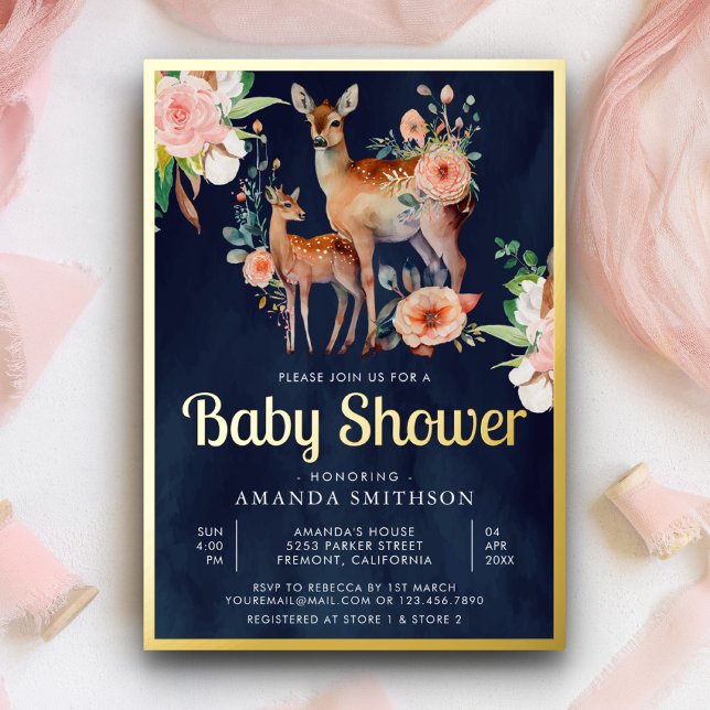 Mommy Baby Floral Deer Navy Blue Baby Shower Gold Foil Invitation (Creator Uploaded)
